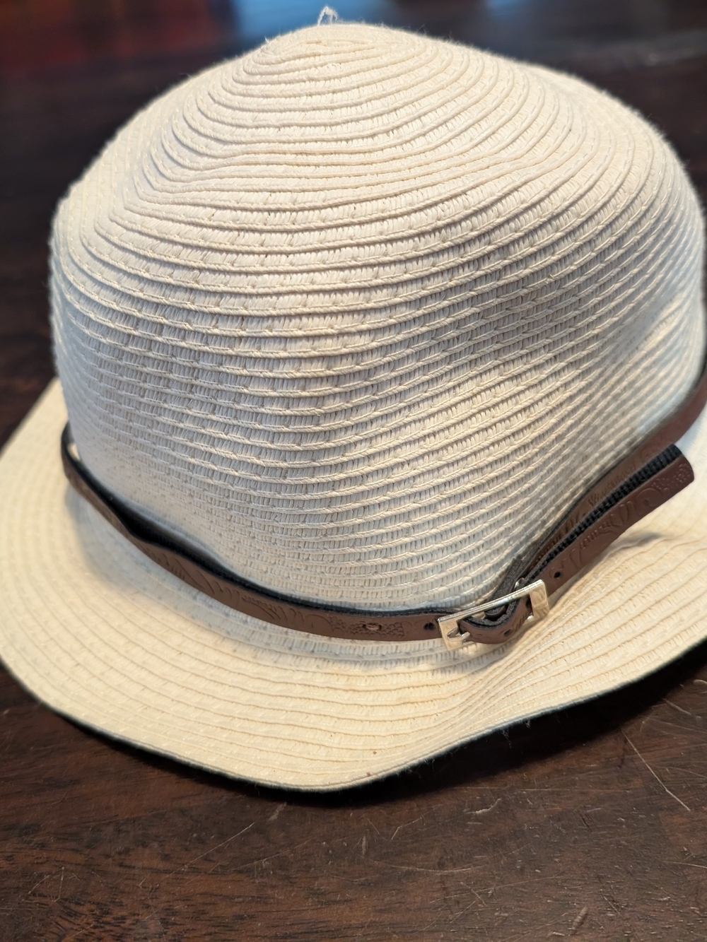 Tirabasso Cream Woven Straw Hat with Brown Leather Band, Made In Italy